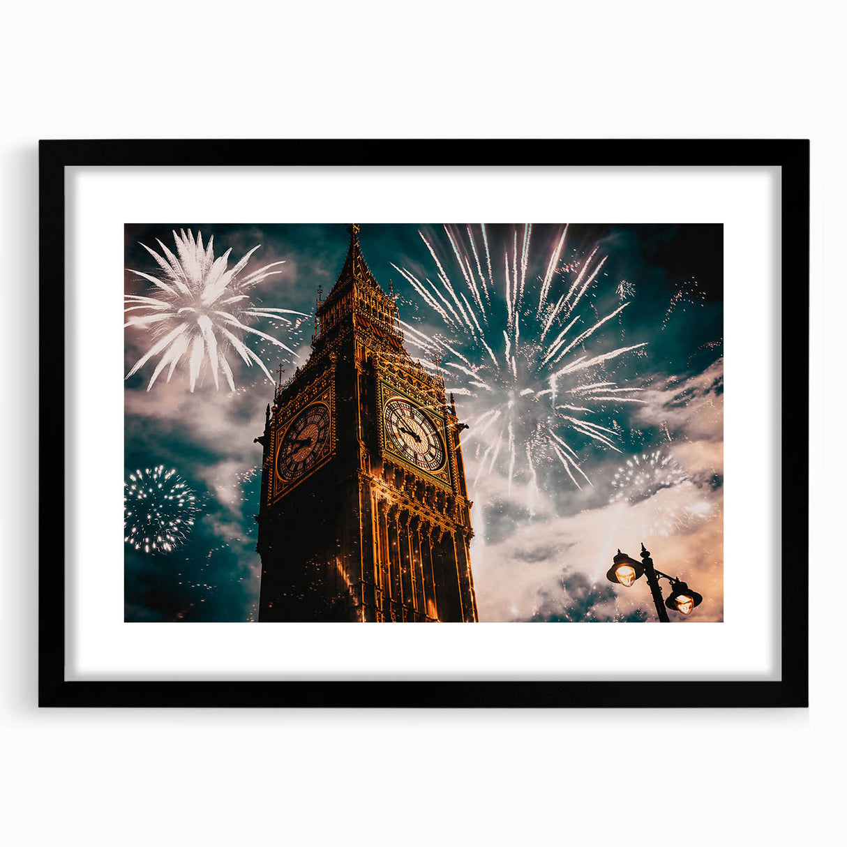 Abstract art print of a colorful London skyline in textured hues of blue and red on a large framed canvas.