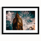 Abstract art print of a colorful London skyline in textured hues of blue and red on a large framed canvas.