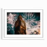 Textured abstract art print of London skyline in muted gray and blue tones, framed with a white mat, ideal for bedroom art.