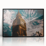 Large abstract wall art depicting a stylized London skyline in muted gray and blue tones on a framed acrylic.