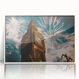 Mid-century modernist art of London skyline in muted gray and blue tones on framed acrylic.