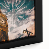 Extra large framed canvas featuring a textured depiction of London with vibrant colors on a black background.