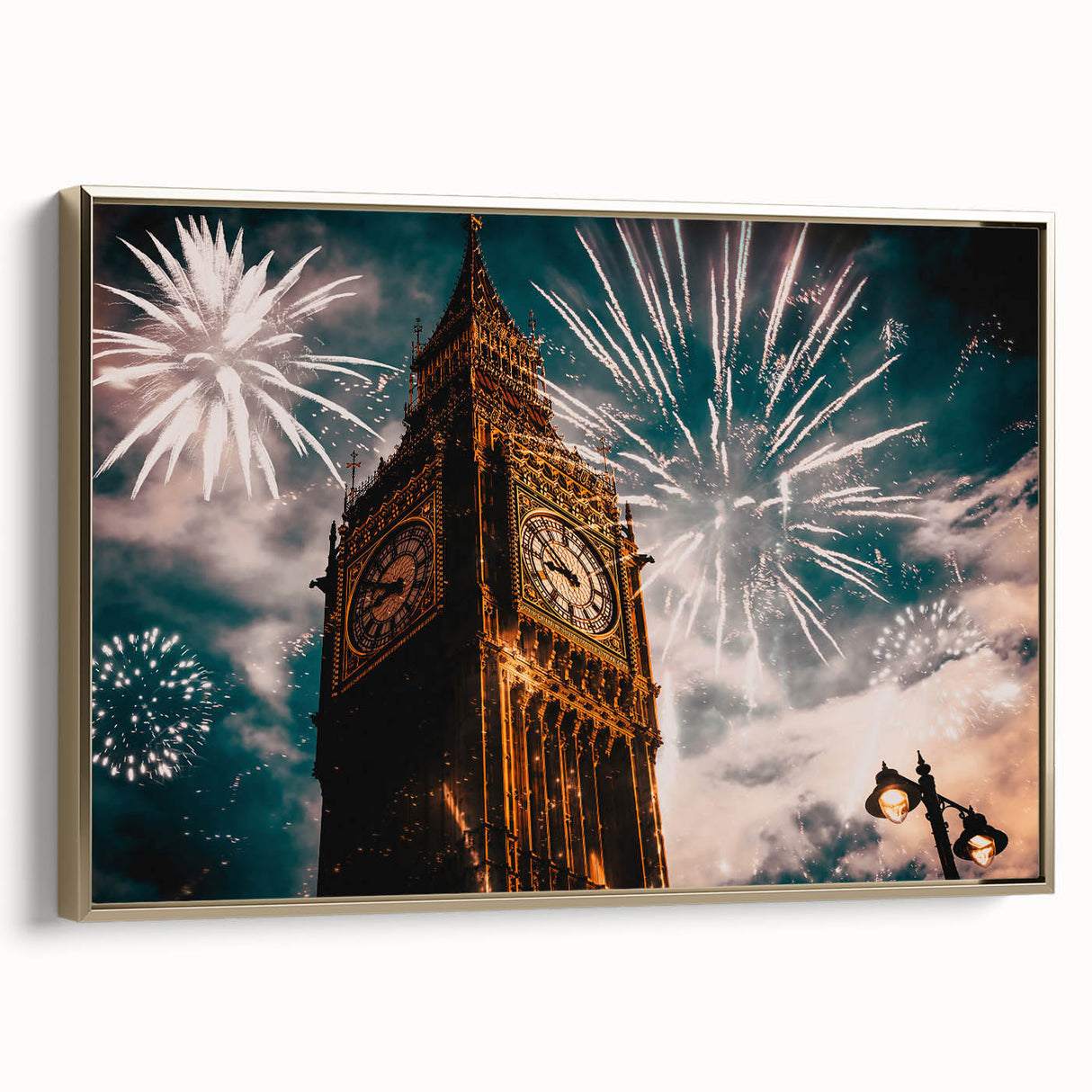 Framed canvas featuring a vintage-style London landscape in black and gold tones, ideal for bedroom decor.