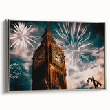 Landscape art painting of London with colorful skyline on silver-framed canvas, ideal for living room decor.