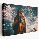 Large canvas print of the London skyline in muted gray and blue tones, suitable for kitchen wall art.