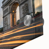 Large abstract wall art of Paris skyline in muted grays and blues on acrylic glass, ideal for dining room decor.