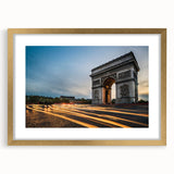 Abstract art print of Paris skyline in muted gold and blue tones on a framed canvas, suitable for dining room decor.