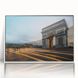 Mid-century modernist art depicting the Eiffel Tower in muted gray tones, acrylic print framed in white.