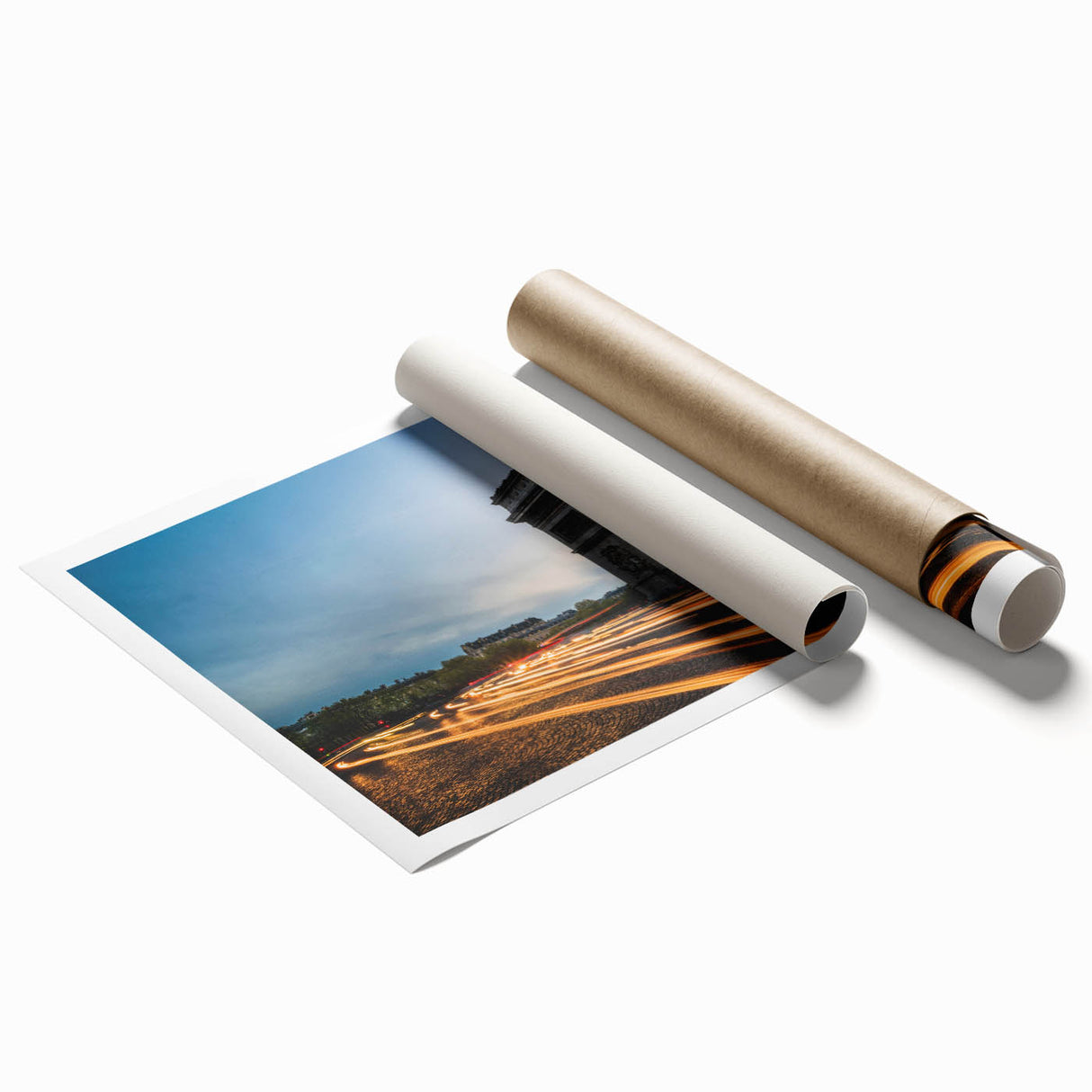 Extra large rolled print of a Paris scenery with floral accents in soft pastel shades.