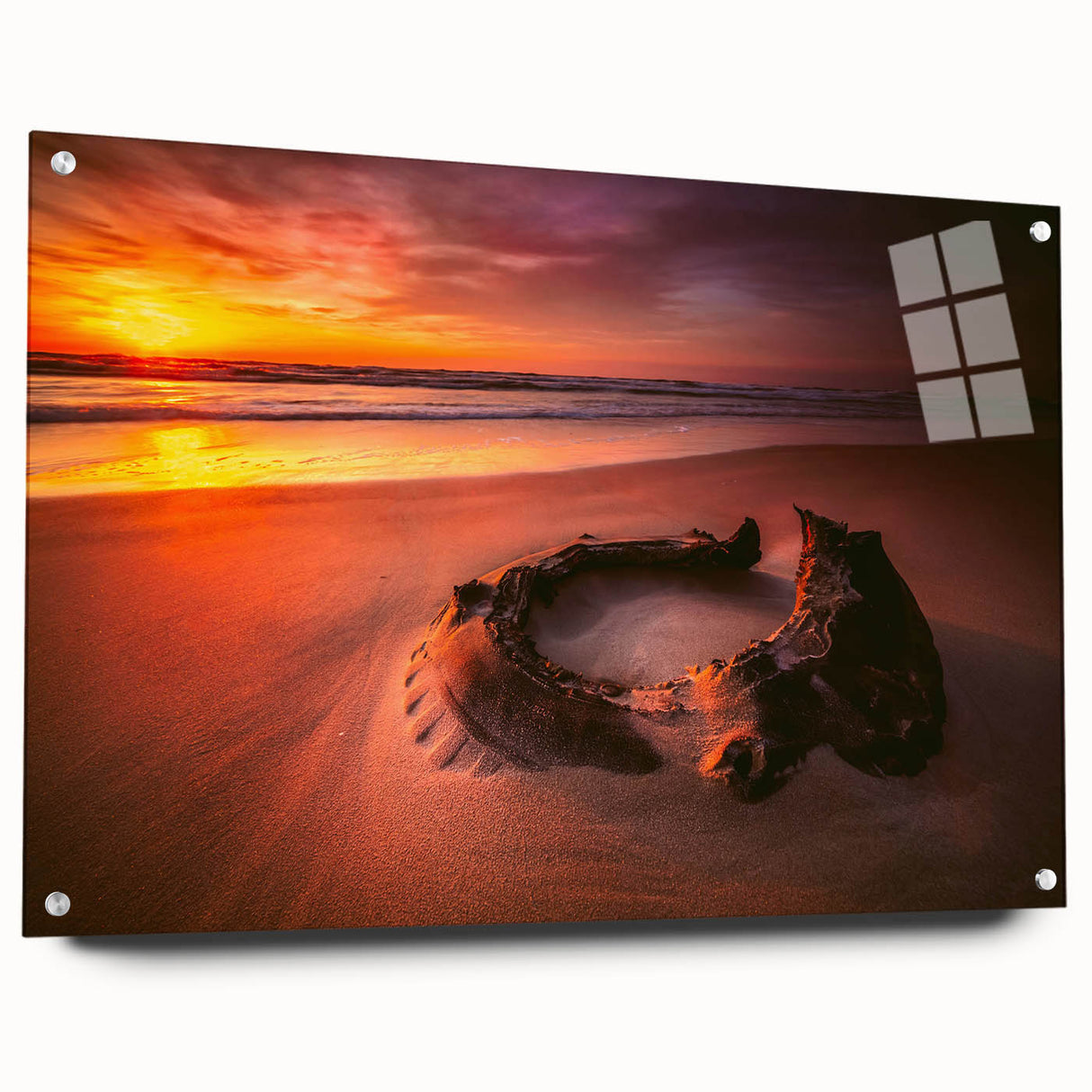 Acrylic print of a Lithuanian landscape, featuring muted green and blue tones, ideal for bedroom or dining room decor.
