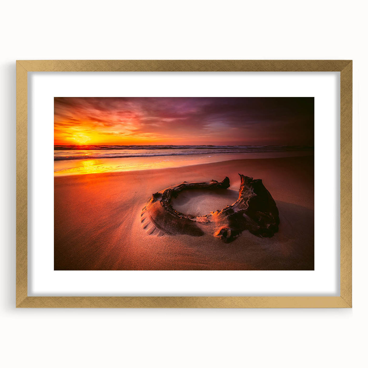 Abstract art print of a European Lithuanian landscape in muted earth tones, framed in gold, suitable for dining room decor.
