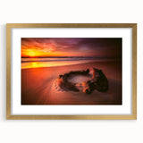 Abstract art print of a European Lithuanian landscape in muted earth tones, framed in gold, suitable for dining room decor.