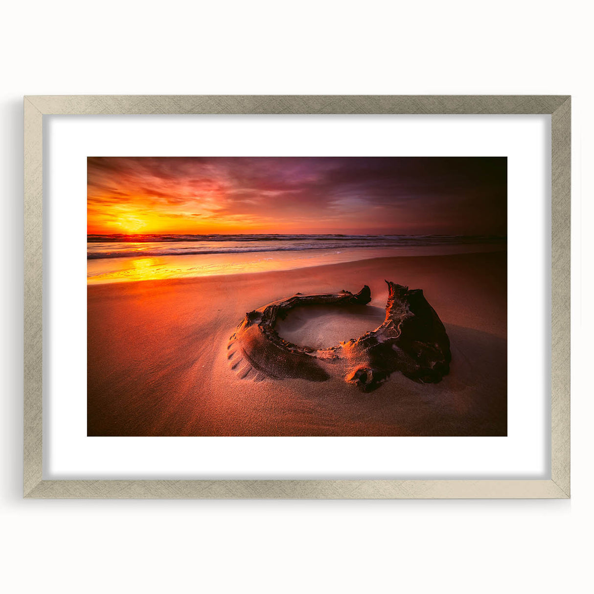 Extra large abstract art print of a textured European scenery in muted earth tones, framed in silver.
