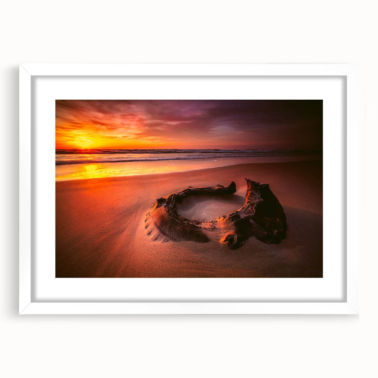 Textured art print of abstract European scenery in muted earth tones, framed with a white mat, ideal for bedroom decor.