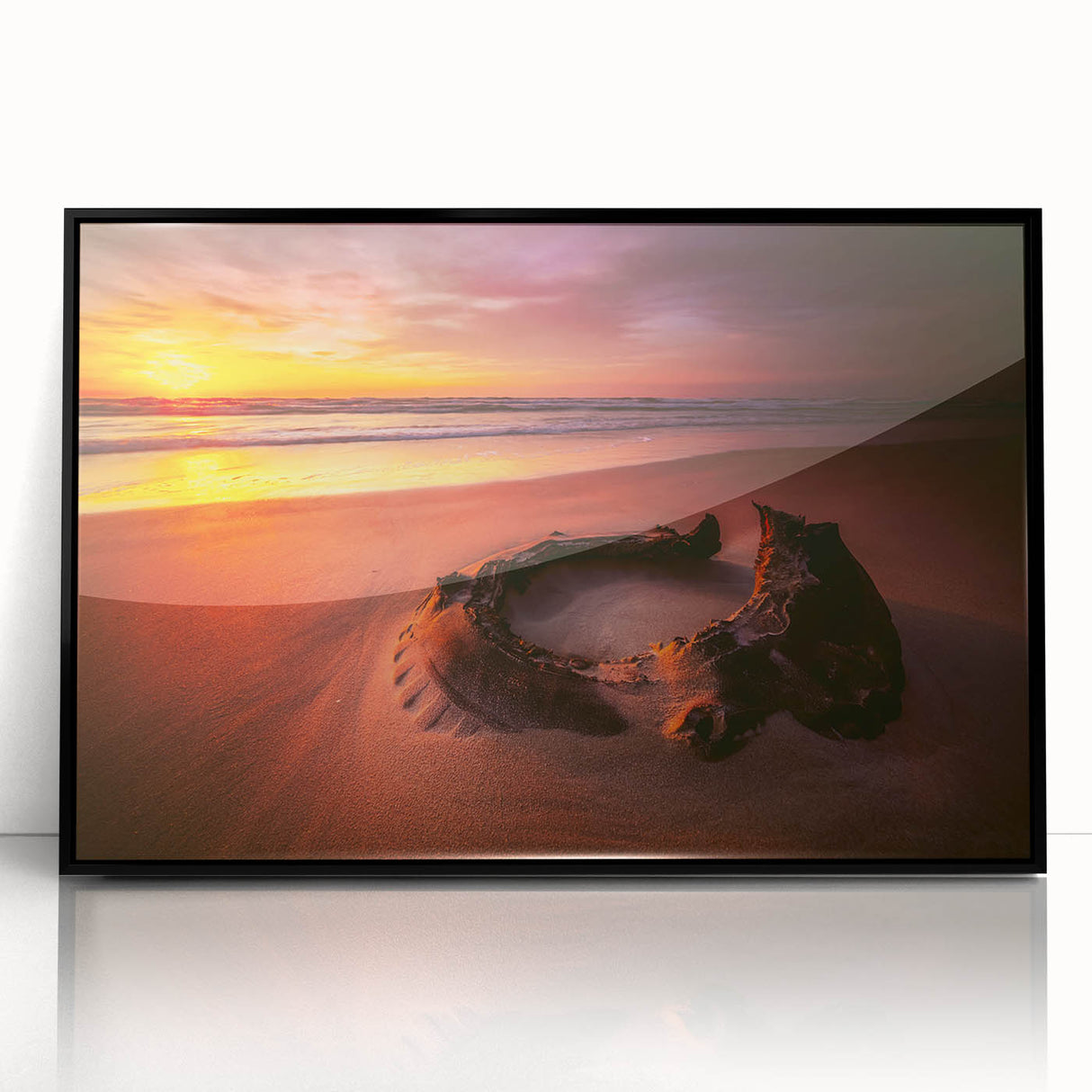 Large abstract wall art depicting a European Lithuanian landscape in muted earth tones, framed in black acrylic.
