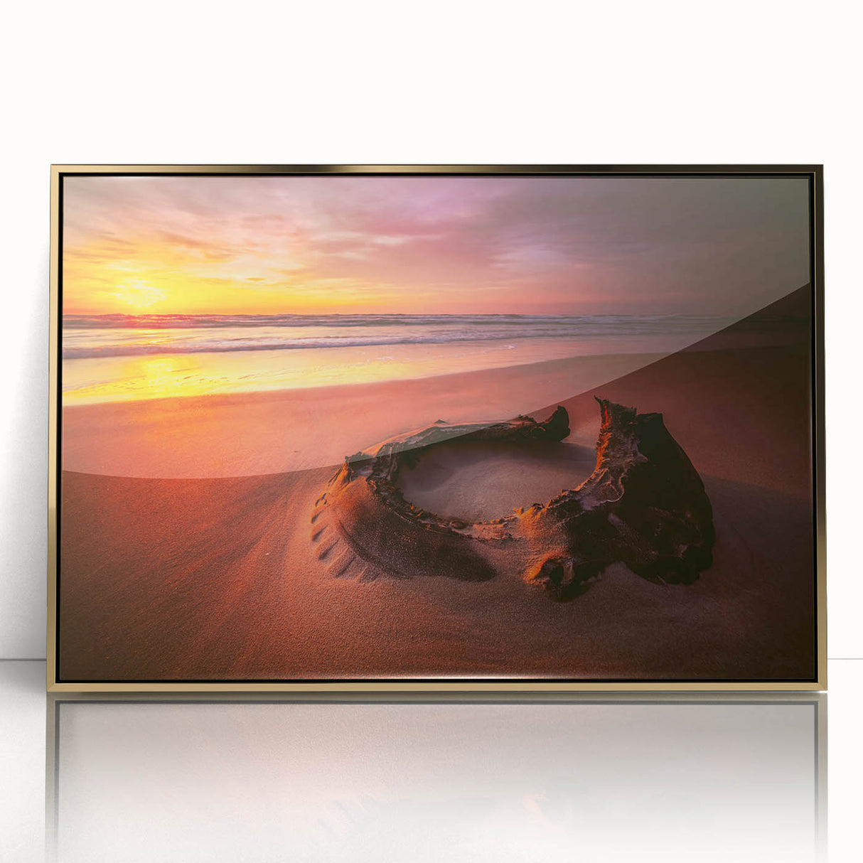 Art deco poster of a European Lithuanian scenery in muted gold tones, acrylic framed, ideal for modern art wall decor.
