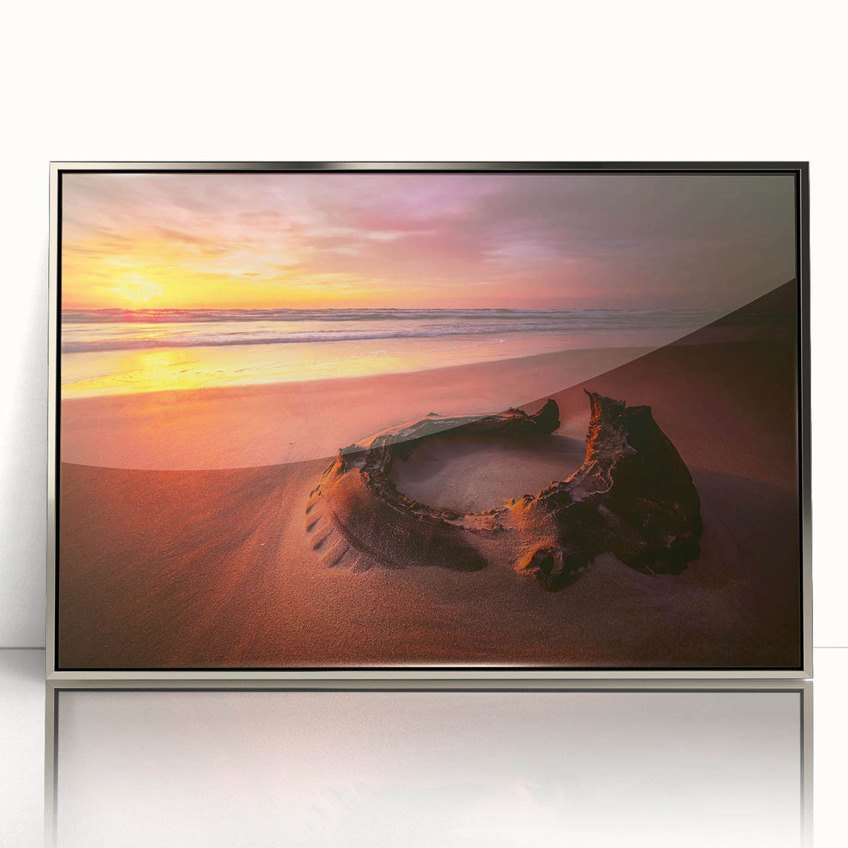 Large art print of a serene Lithuanian landscape in silver frame, featuring muted green and blue tones.