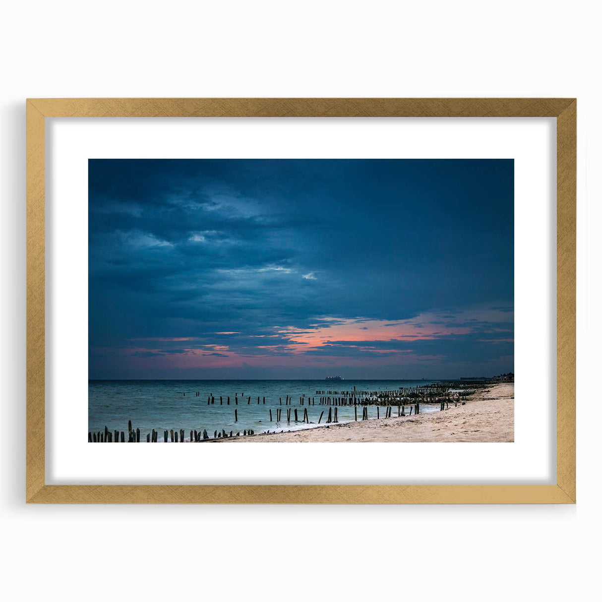 Extra large abstract art print of Yucatan scenery in textured style with muted earth tones, framed in gold.