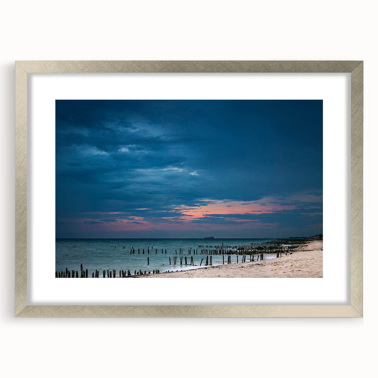 Textured abstract art print of Yucatan scenery in silver frame, featuring earthy tones, ideal for bedroom art.