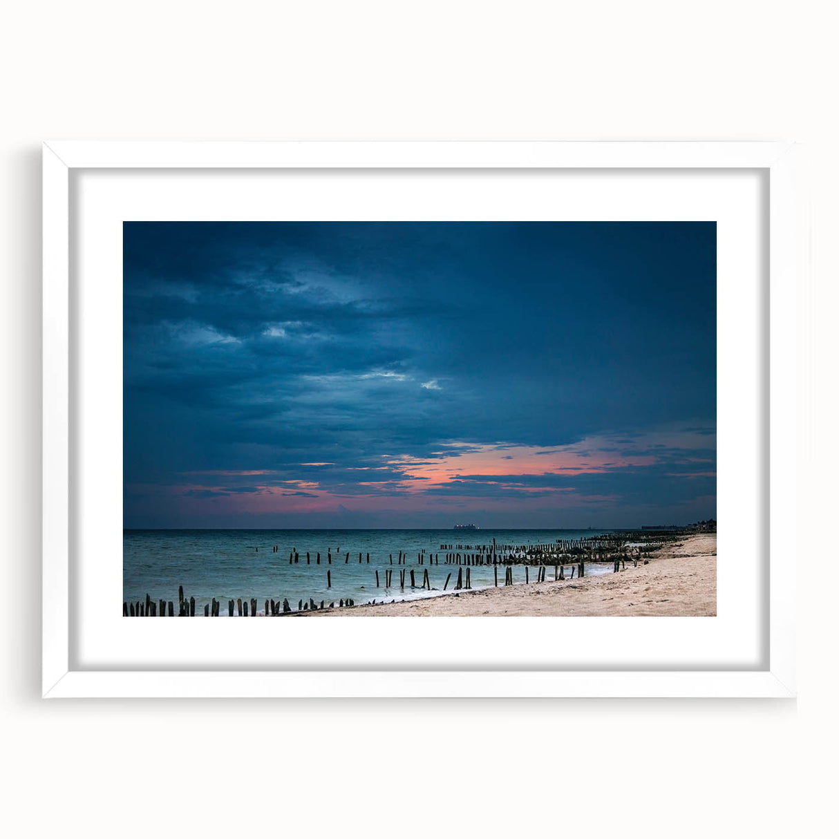 Abstract art print of a Yucatan scenery in muted earth tones on a white-framed mat, suitable for dining room decor.
