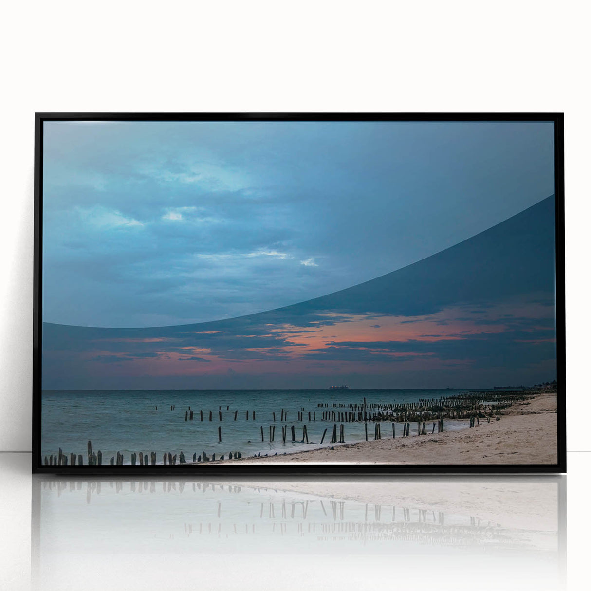 Mid-century modernist art depicting Yucatan scenery in muted earth tones on a black framed acrylic print.