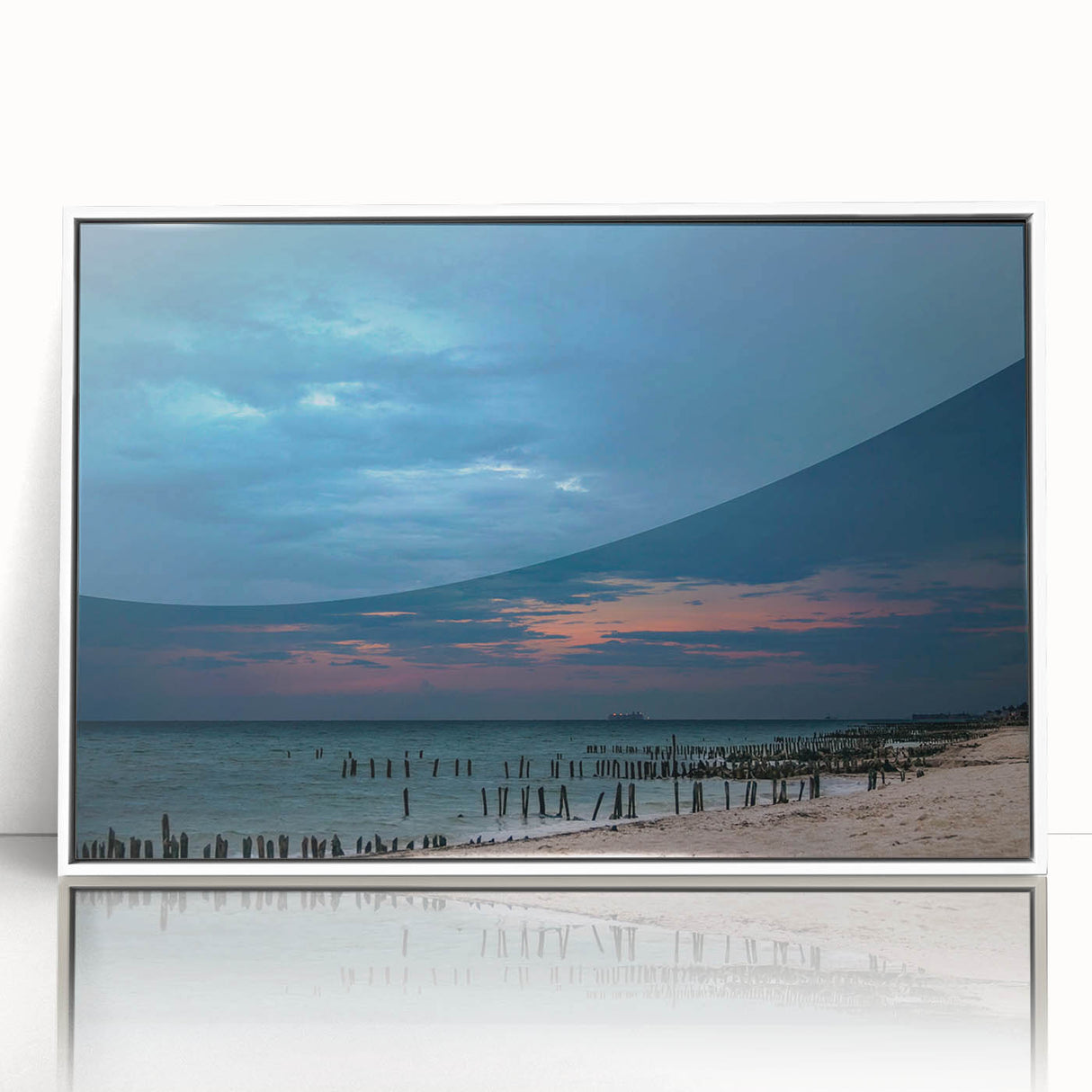 Art deco poster of Yucatan scenery in a white acrylic frame, featuring pastel color palette.