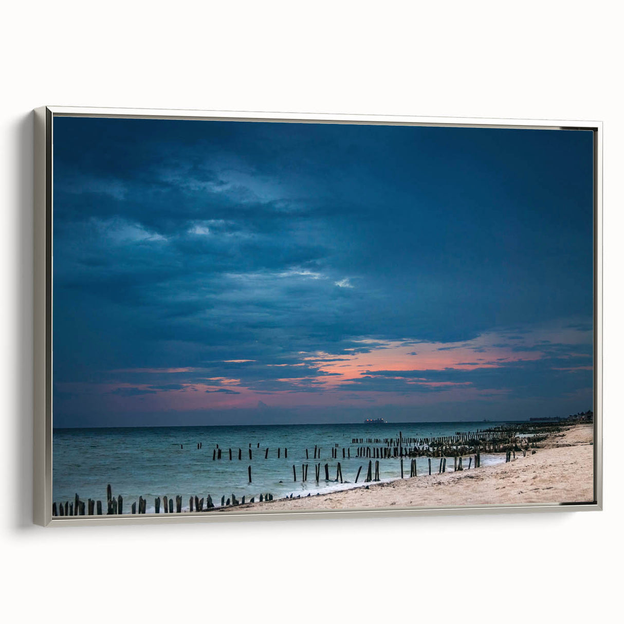 Framed canvas featuring a vintage-style landscape painting of Yucatán, Mexico, with vibrant colors on a black background.