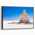 Black and white framed canvas of a Bolivian landscape, featuring vintage poster art style, ideal for bedroom wall decor.