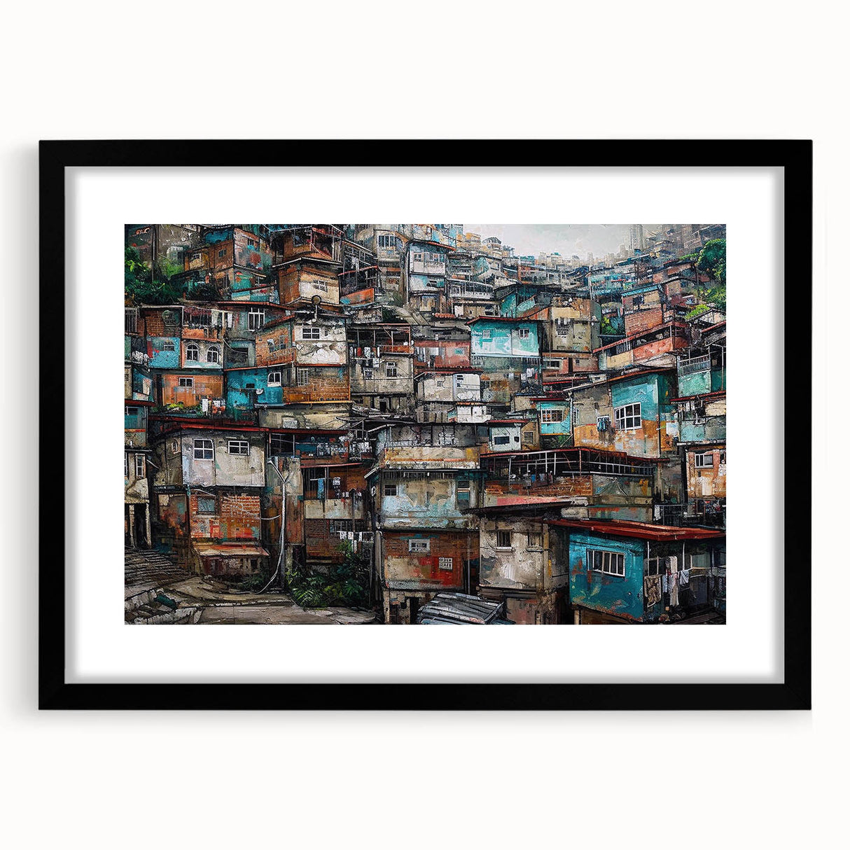 Extra large abstract art print depicting vibrant, colorful Brazilian scenery on a textured canvas, framed in black.