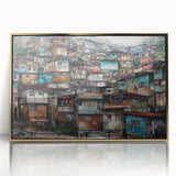 Large art print of a mid-century modernist Brazilian landscape in gold and green tones, framed acrylic.