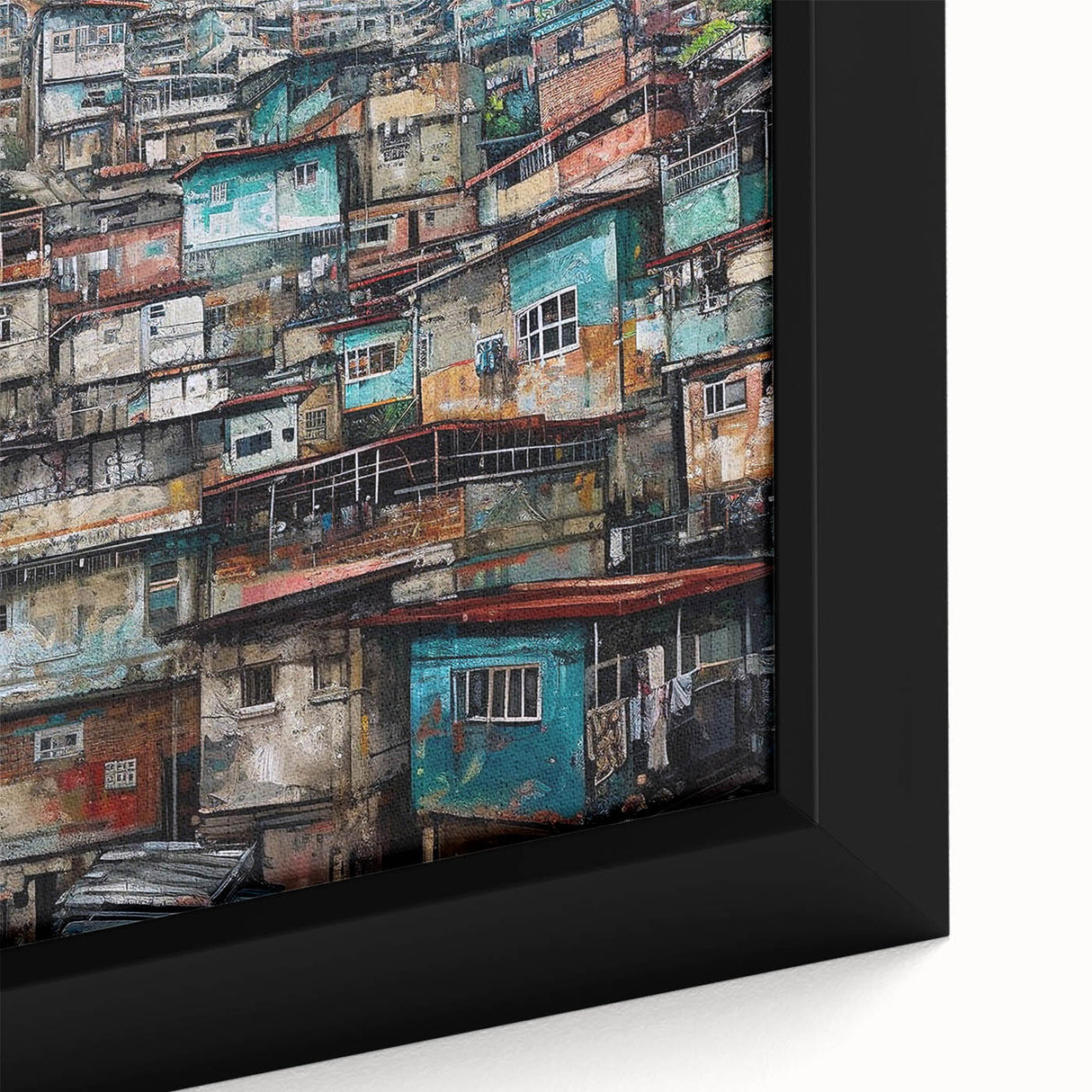 Extra large framed canvas featuring a textured depiction of a Brazilian landscape in black with colorful accents.