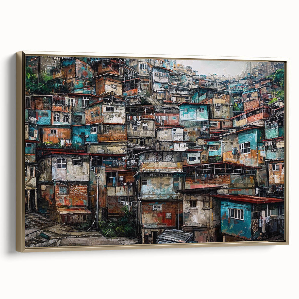 Framed canvas featuring a vintage-style landscape painting of a Brazilian scene in muted gold and black tones.