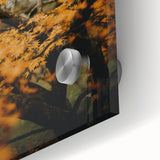 Large abstract wall art on acrylic glass featuring warm autumnal shades, ideal for dining room ambiance.
