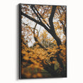 Black and white vintage poster art of a fall landscape on framed canvas, ideal for bedroom decor.