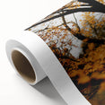 Art deco poster of autumn trees in muted orange and brown tones on rolled canvas, suitable for nursery wall art.