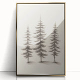 Large art print of a mid-century modernist winter scene in muted blue and white tones, framed in gold acrylic.