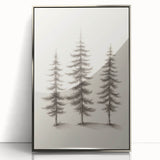 Mid-century modernist art depicting a winter scene in muted blue and white tones, framed in silver acrylic.