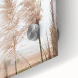 Large abstract wall art in vibrant orange and blue tones on acrylic glass, ideal for dining room ambiance.