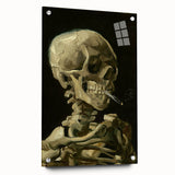 Large abstract wall art on acrylic glass depicting swirling blue and yellow patterns, ideal for bedroom or dining room decor.