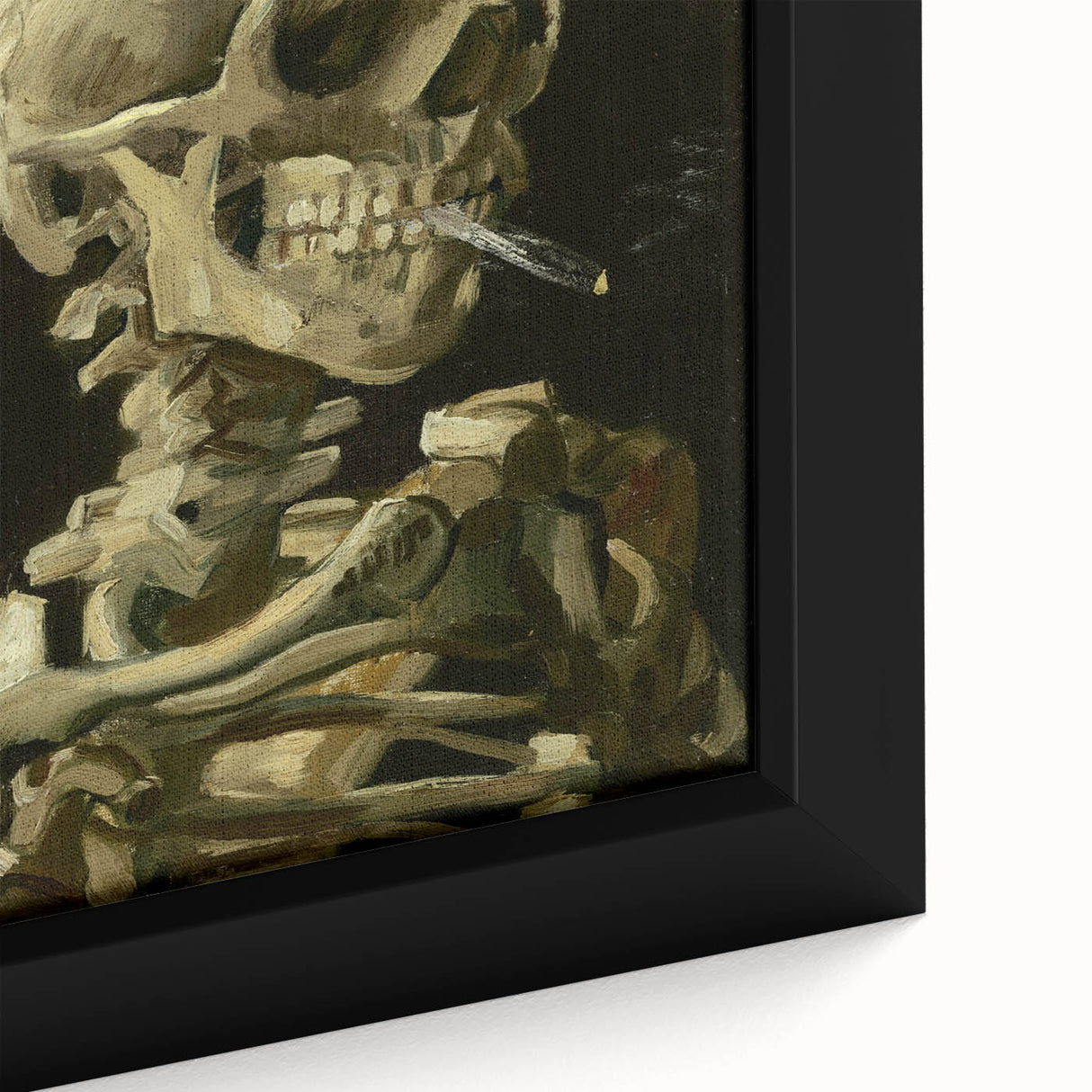 Close-up of a framed canvas featuring a textured, colorful abstract design on a black background.