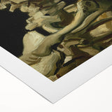 Art deco poster featuring abstract geometric shapes in muted gold and blue tones on rolled canvas.