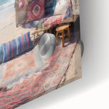 Close-up of a large abstract wall art on acrylic glass depicting colorful, geometric shapes.