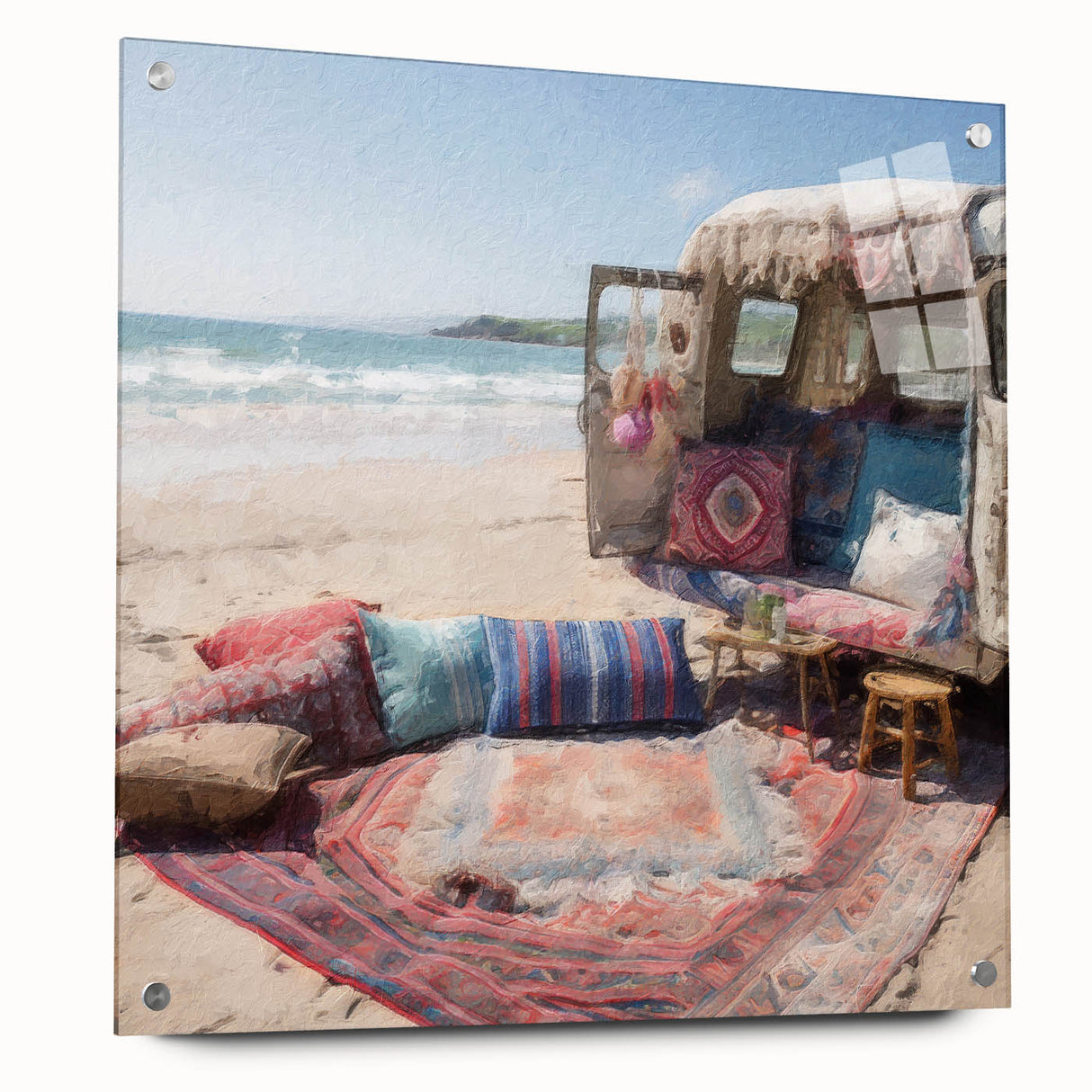 Side view of a caravan depicted in muted earth tones on acrylic glass, suitable for bedroom or dining room decor.