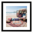 Extra large abstract art print featuring a colorful, textured caravan design on a black framed canvas.