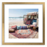 Extra large abstract art print featuring textured lines and shapes in muted earth tones, framed in gold.