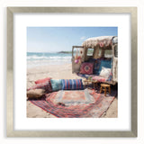 Textured abstract art print featuring a silver caravan, in muted earth tones on a framed mat, ideal for bedroom wall decor.