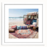 Abstract art print featuring a colorful geometric caravan design on a white framed poster, suitable for dining room decor.