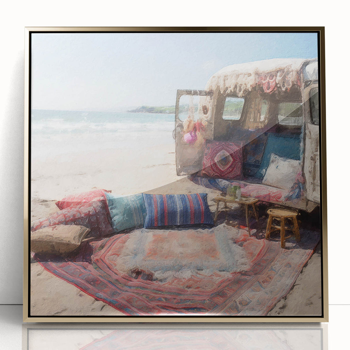 Mid-century modernist caravan depicted in gold and teal tones, framed acrylic print, suitable for nursery wall art.