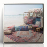 Mid-century modernist art depicting a silver caravan on acrylic print, ideal for nursery wall decor.