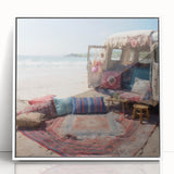 Art deco style caravan illustration in muted pastel colors, framed acrylic, ideal for nursery wall art.